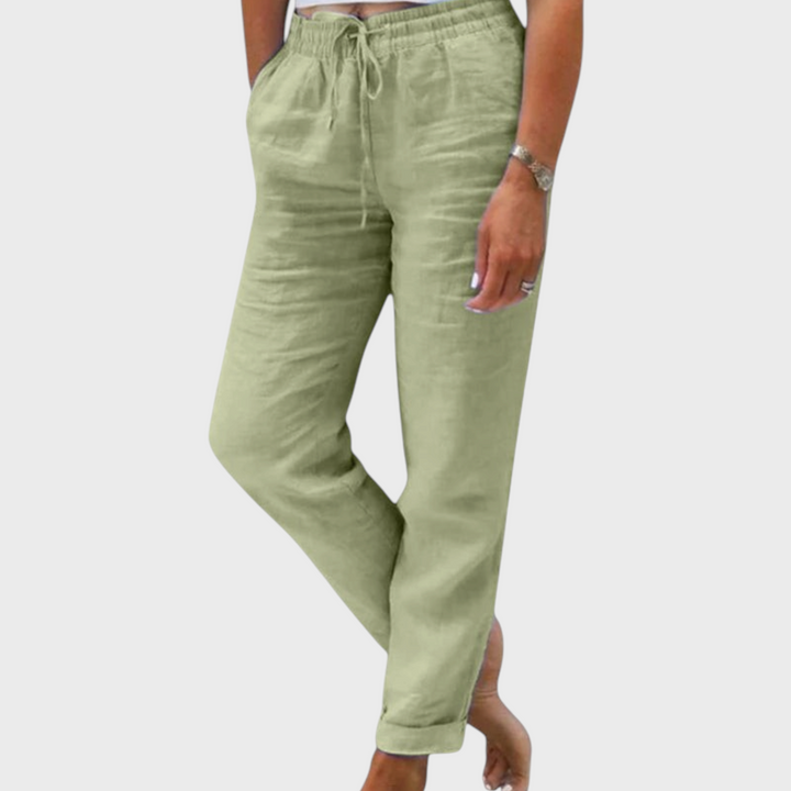Calças elegantes Liselotte Salzburg em linho verde-claro com cintura elástica e cordão para mulher