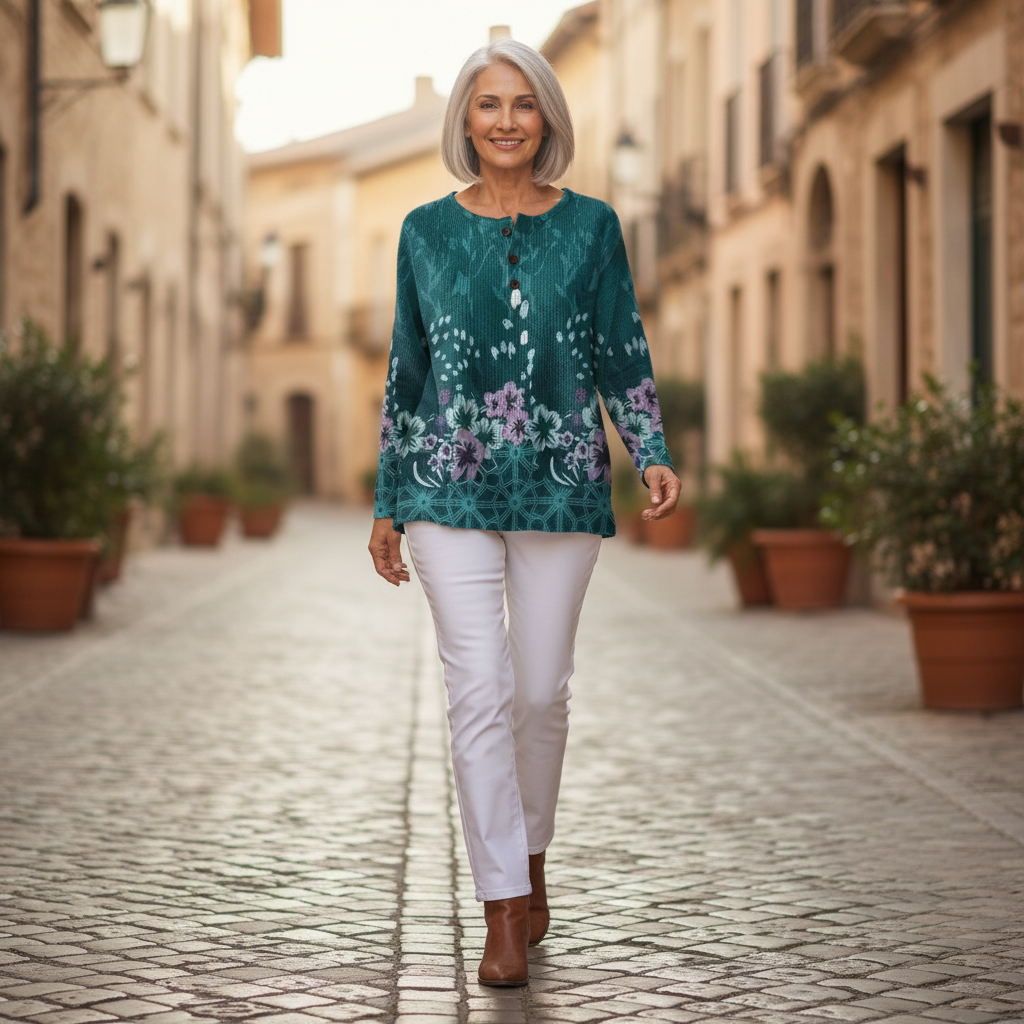 Yolande – Türkiser Pulli mit Blümchen