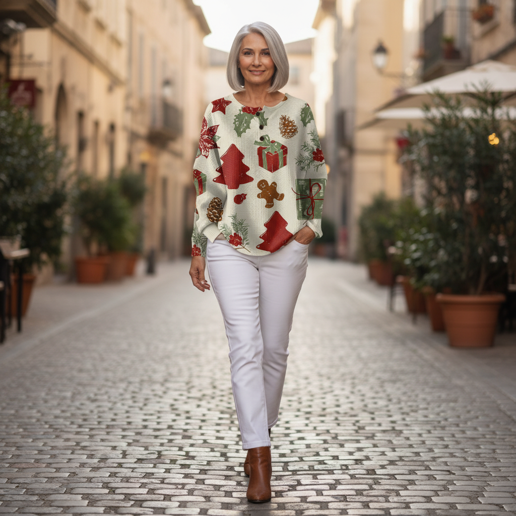 Olivia – Weihnachtspullover mit Tannenbäumen und Geschenken