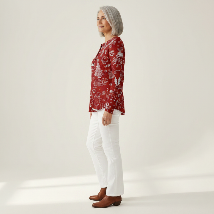 Charline – Roter Weihnachtspulli mit weißem Muster