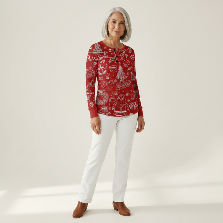 Charline – Roter Weihnachtspulli mit weißem Muster