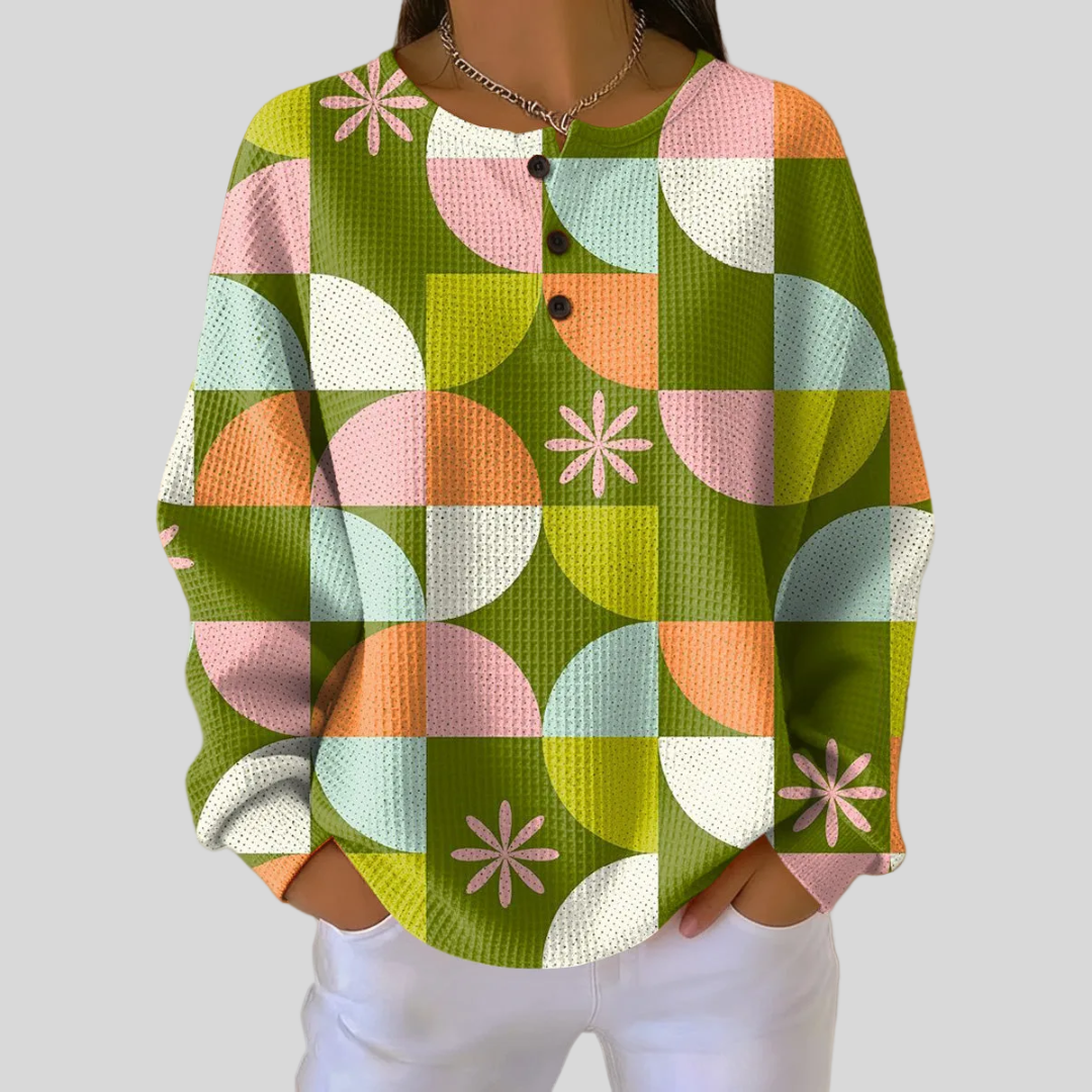 Solange – Olivgrüner Retro-Pulli mit Kreis-Muster