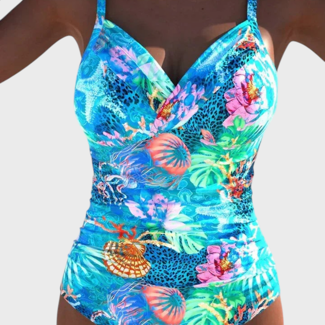 Badeanzug Liselotte Salzburg Meloryanne com decote em V, estampado tropical colorido e design elegante