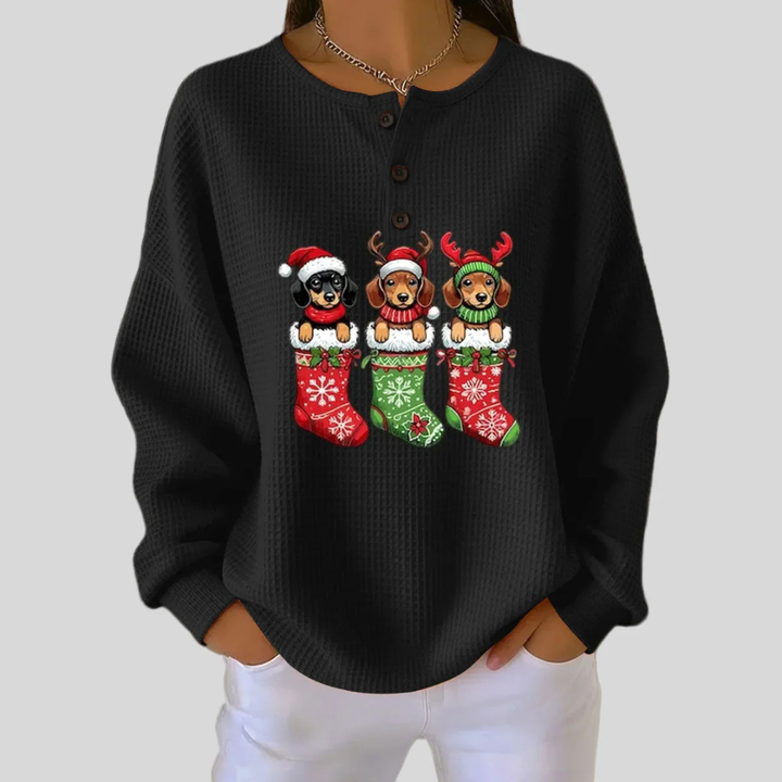 Gabrielle – Weihnachtspullover mit Welpen in Socken