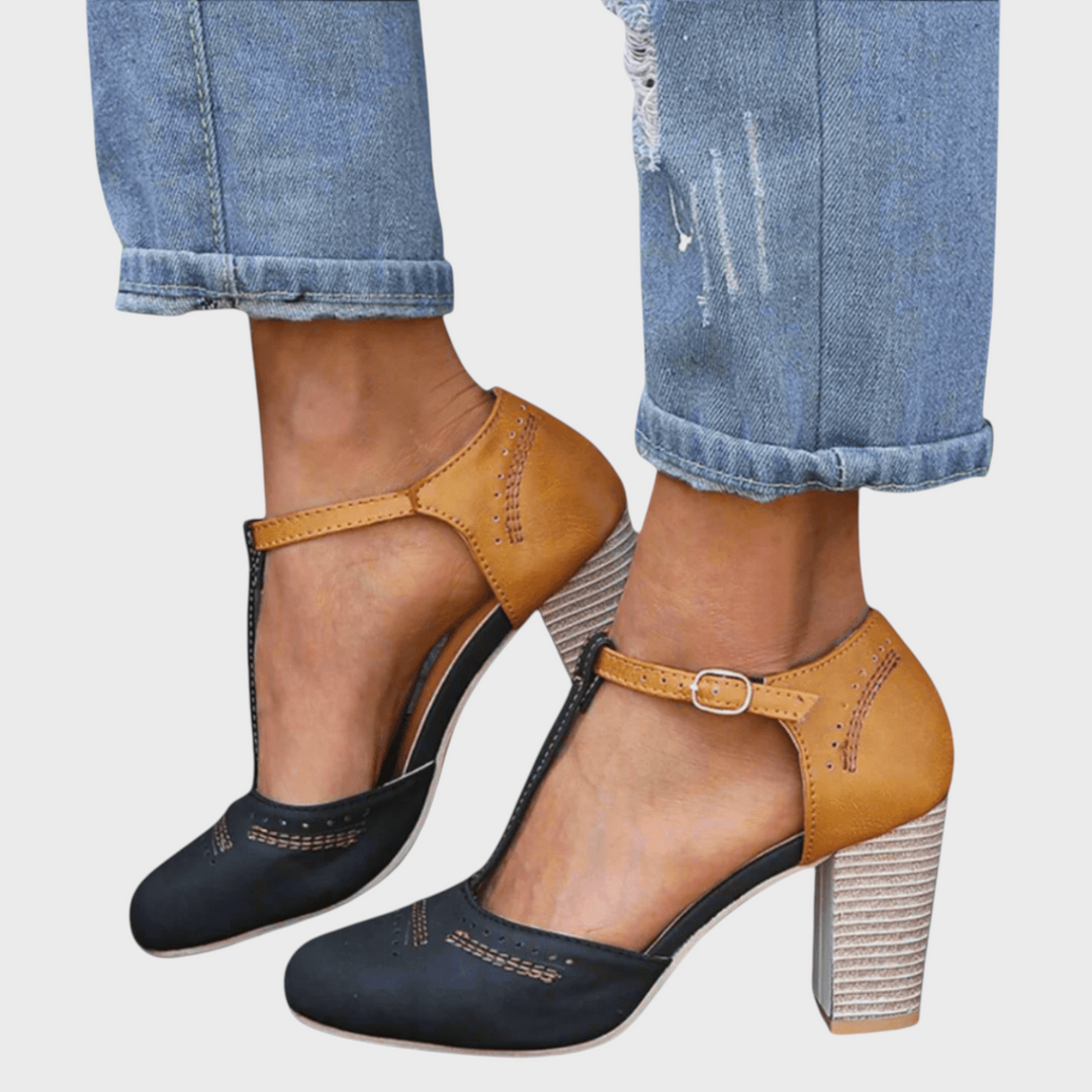 Sapatos de salto alto Liselotte Salzburg Eleni em dois tons, castanho e preto, com design estilo vintage e tira em T.