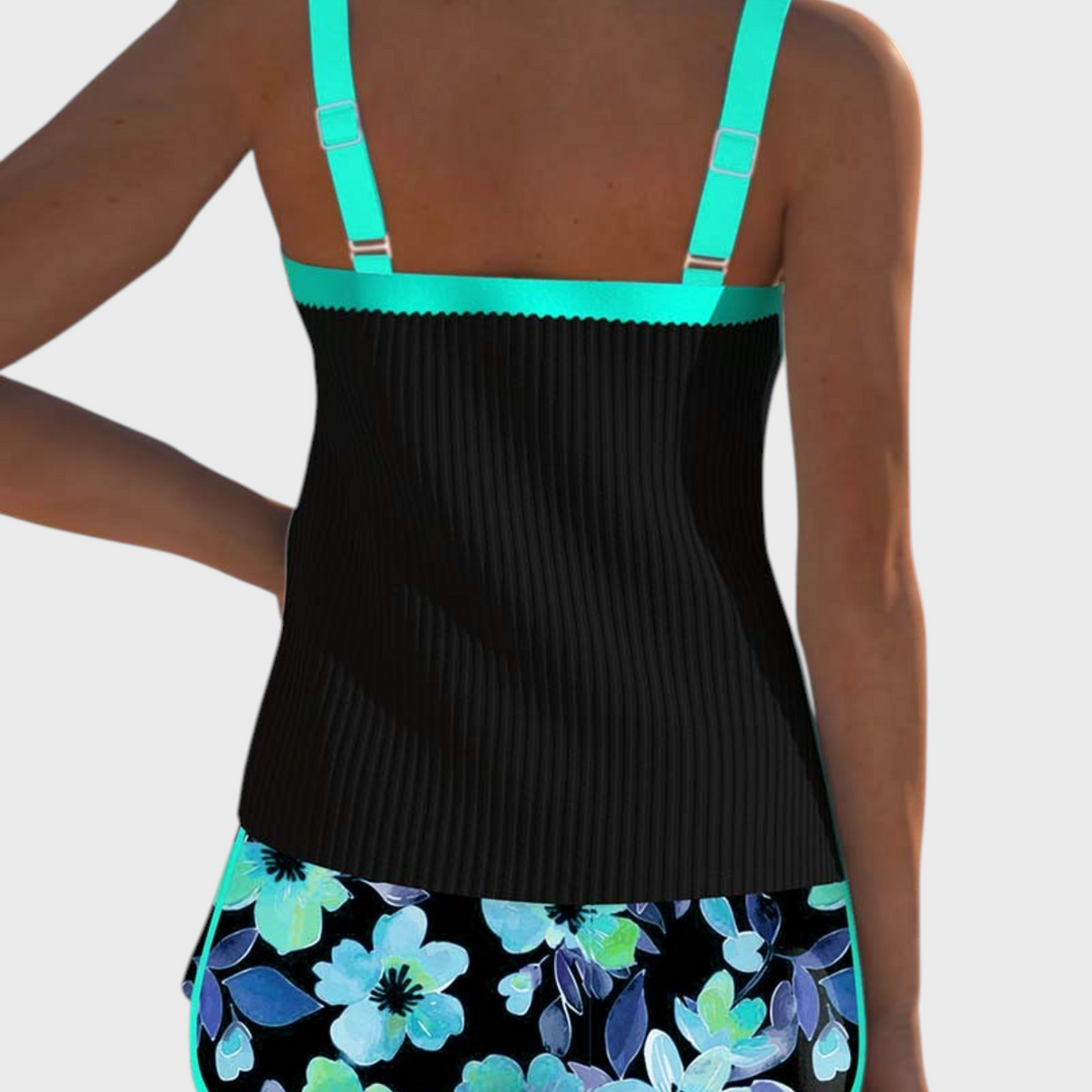 Tankini de duas peças Liselotte Salzburg com top preto canelado e cueca com estampado floral azul e turquesa