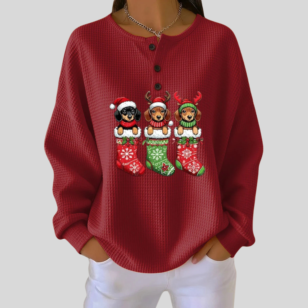 Gabrielle – Weihnachtspullover mit Welpen in Socken