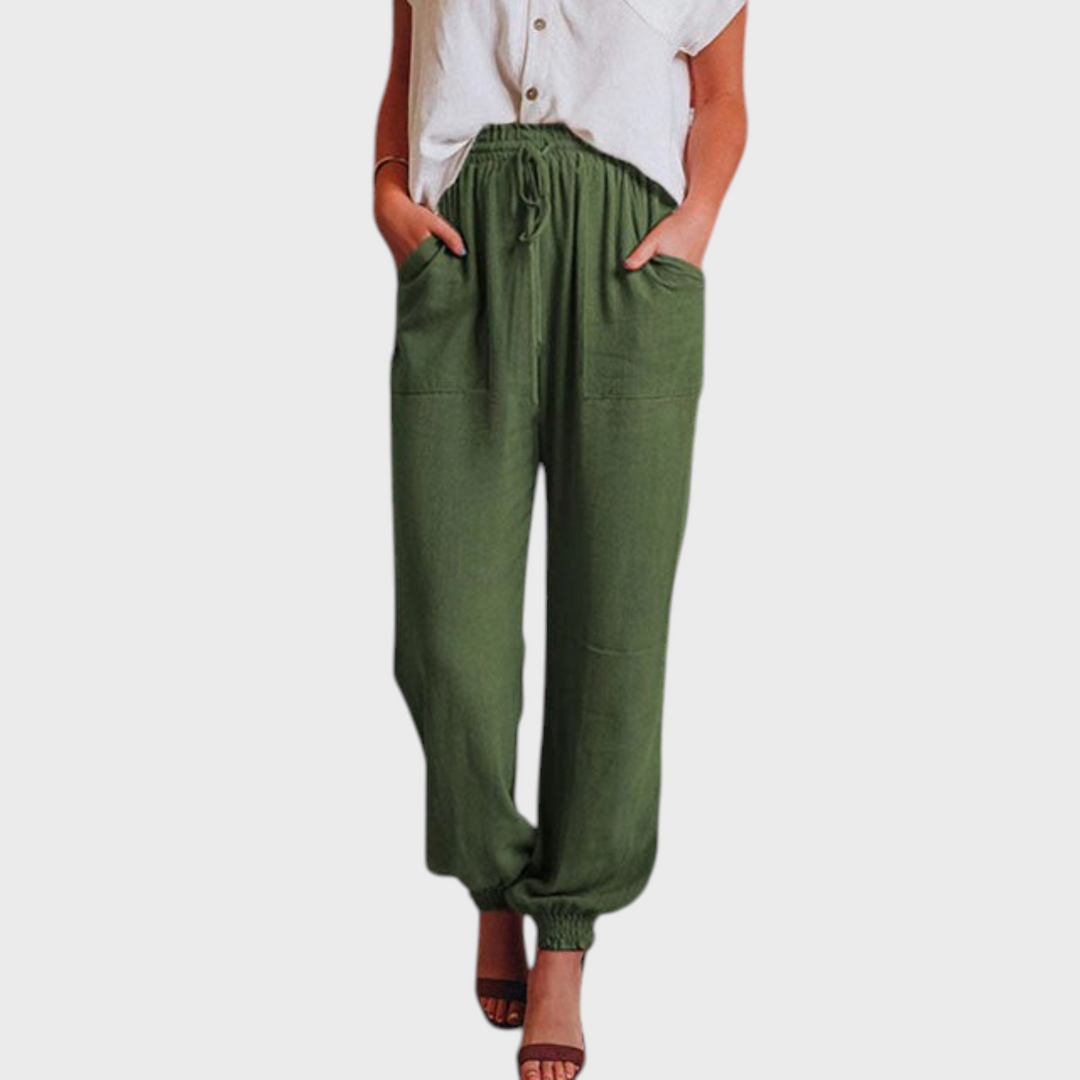 Calças de jogging Liselotte Salzburg Kaeli em verde sálvia com cintura subida, cordão ajustável e punhos elásticos.
