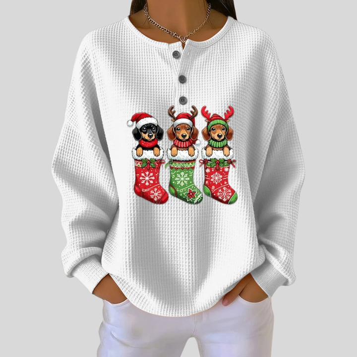 Gabrielle – Weihnachtspullover mit Welpen in Socken