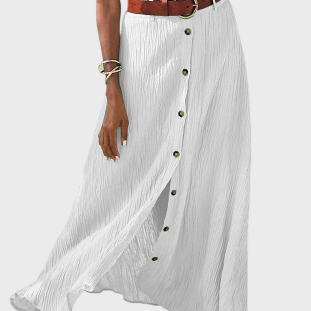 Saia branca fluida Liselotte Salzburg com botões frontais e textura leve, ideal para um look casual e elegante.