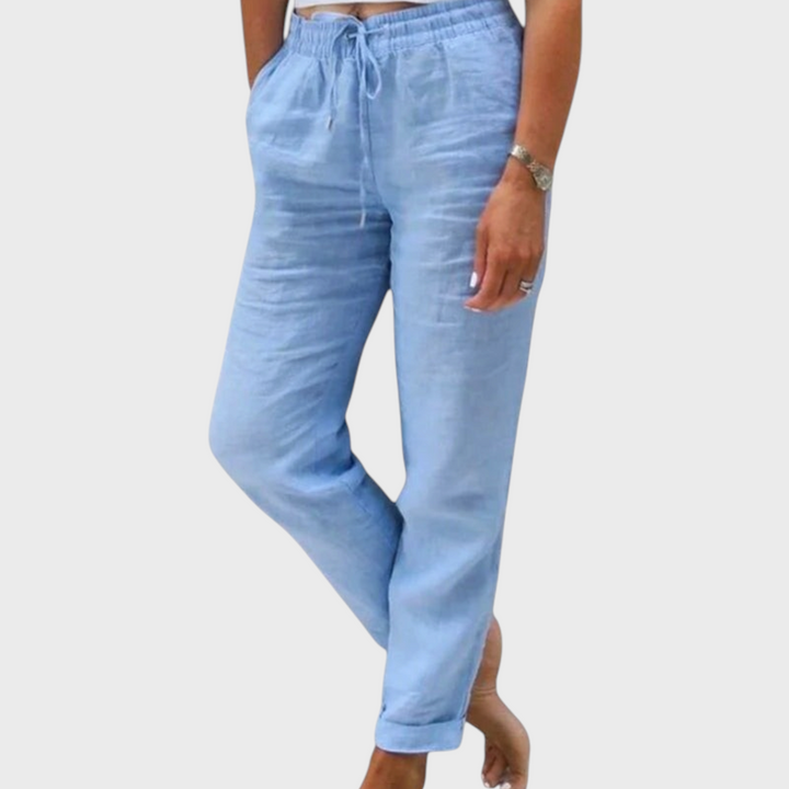 Calças elegantes Liselotte Salzburg Margaret em linho azul claro com cintura elástica e cordão ajustável