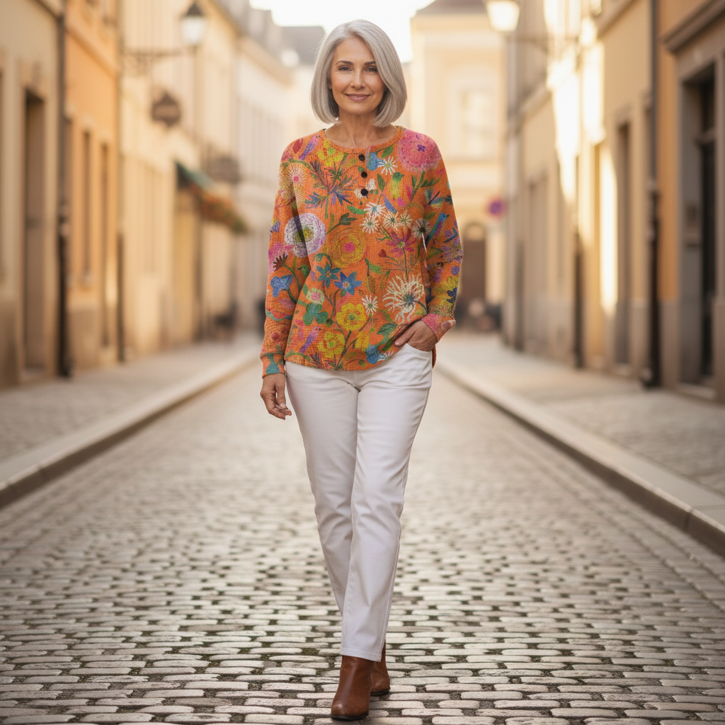 Florence – Orangefarbener Pulli mit Blumen