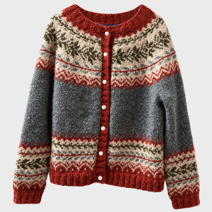 Strickjacke Jessica von Liselotte Salzburg mit traditionellem Alpenmuster in Rot, Grau und Beige mit Knopfleiste
