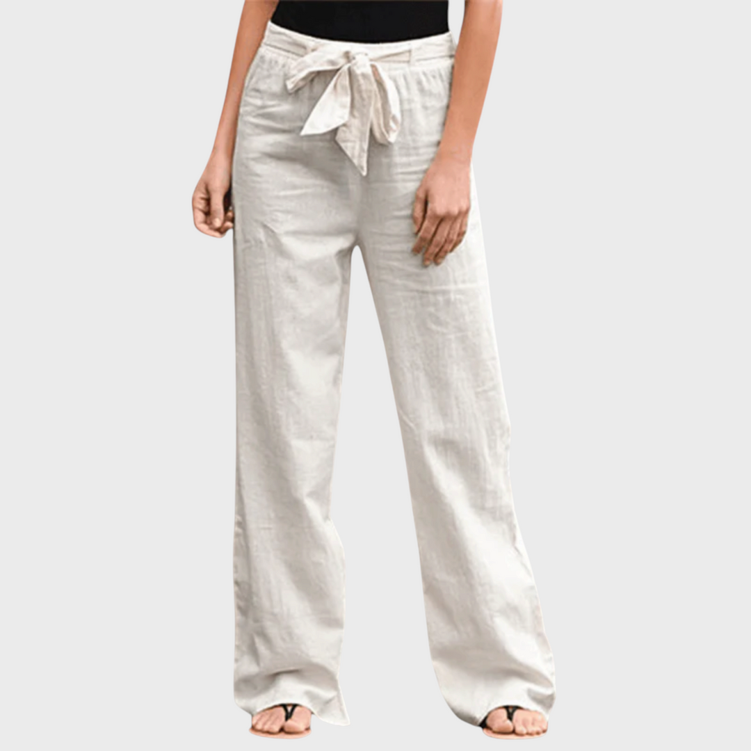 Calças de senhora Liselotte Salzburg Joleen em linho bege com cintura elástica, cordão ajustável e corte relaxado