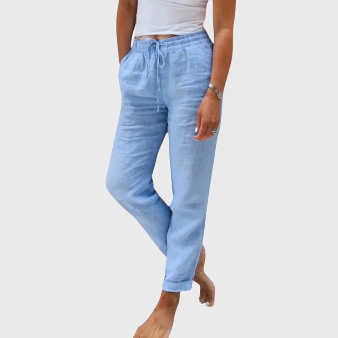 Calças elegantes Liselotte Salzburg Margaret em linho azul claro com cintura elástica e cordão, corte justo e casual.