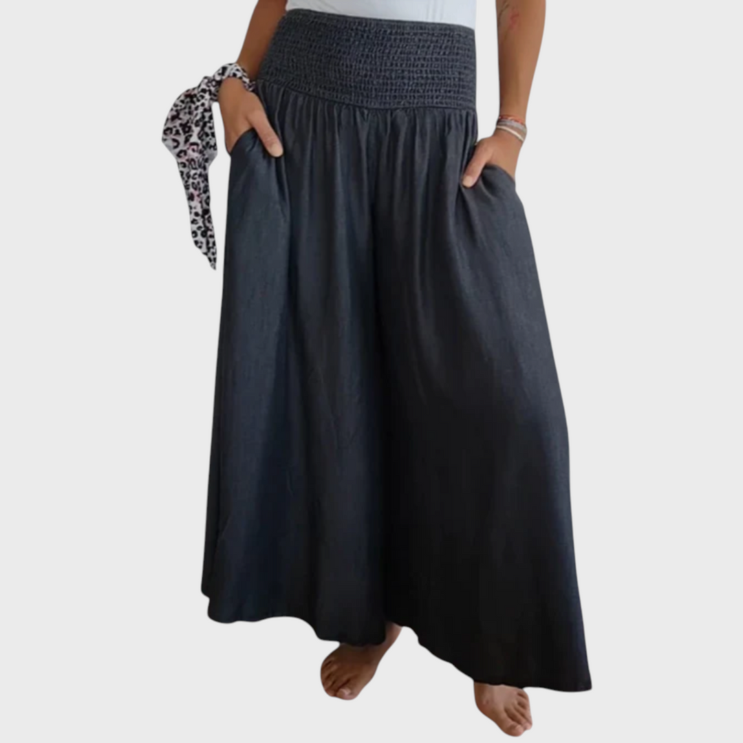 Calças largas Liselotte Salzburg MIRA em cinzento escuro com cintura elástica franzida e bolsos laterais