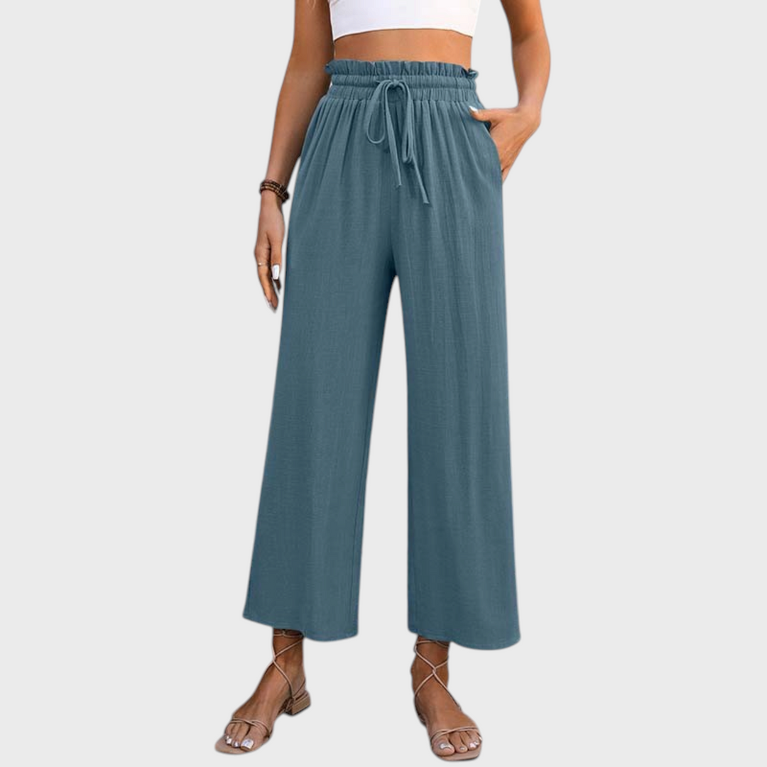Liselotte Salzburg calças lounge Eluna azul-petróleo de linho e viscose com cintura subida e cordão ajustável