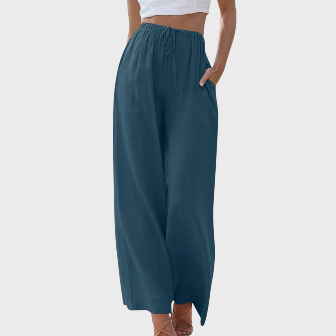 Calças largas de verão Liselotte Salzburg em azul escuro com cintura ajustável e bolsos laterais