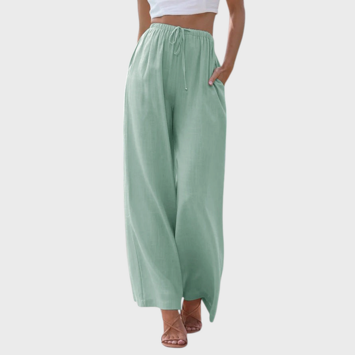 Calças largas Liselotte Salzburg Vivian em verde menta com cintura ajustável e bolsos laterais, estilo casual de verão.