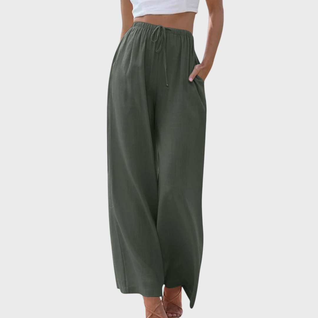 Calças largas Liselotte Salzburg Vivian em verde escuro, estilo casual com cintura ajustável e tecido leve.