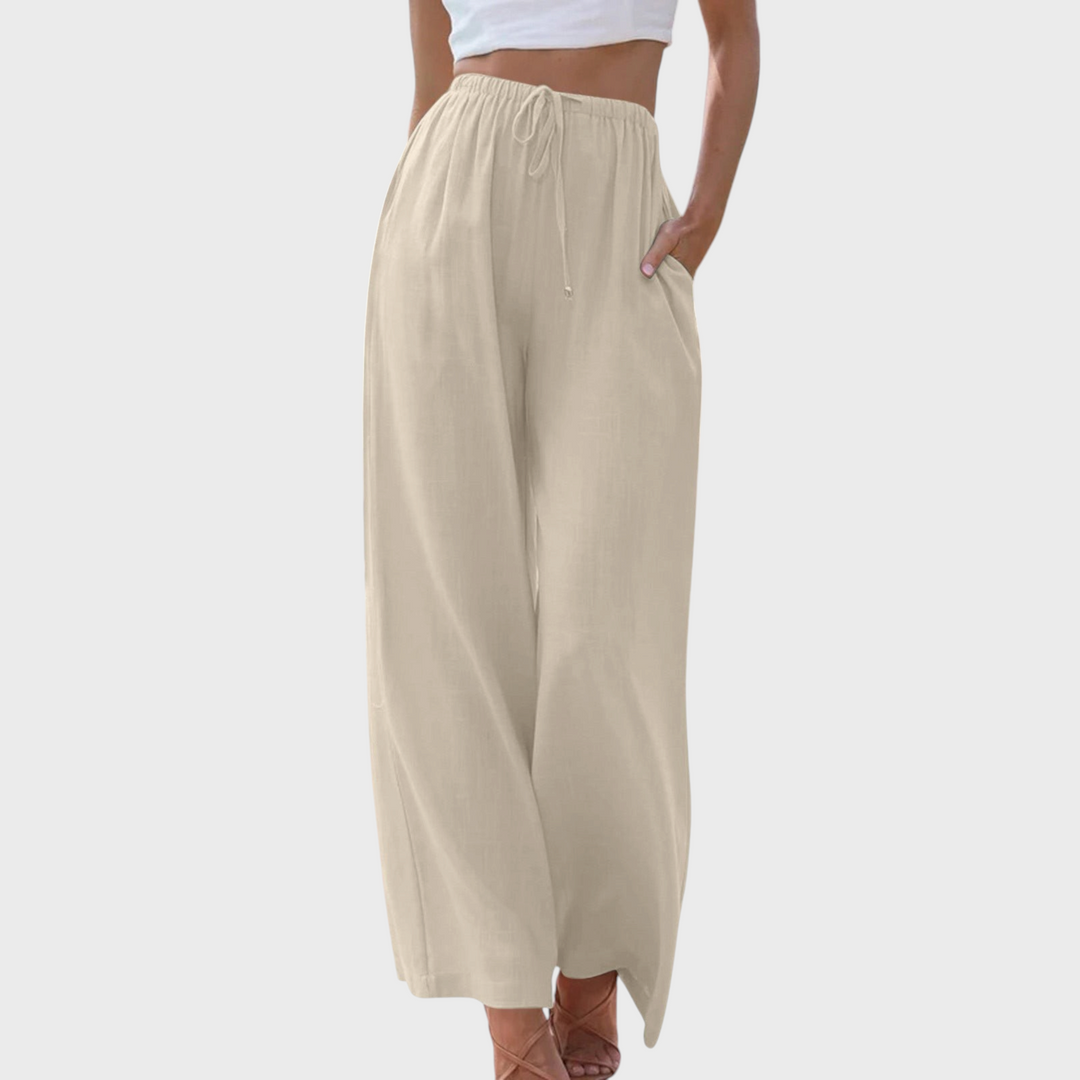 Calças largas bege Liselotte Salzburg com cintura ajustável e bolsos, ideais para um look de verão elegante e casual.