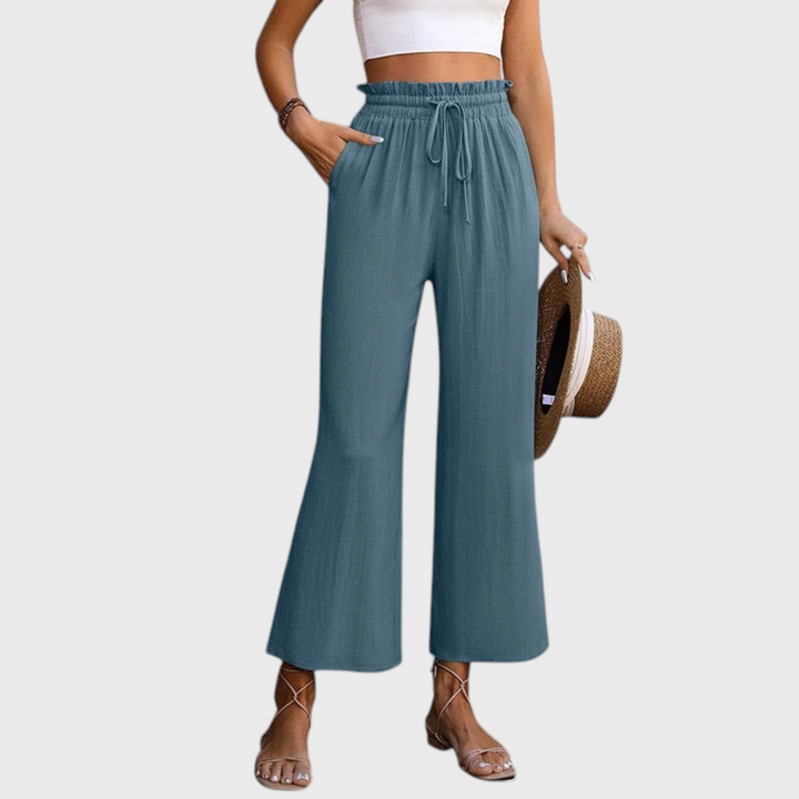 Liselotte Salzburg calças de lounge Eluna azul-acinzentado com cintura subida, cordão e corte largo e fluido.