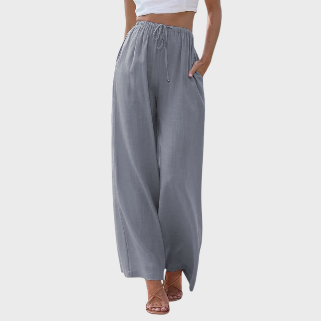 Calças largas cinzentas Liselotte Salzburg com cintura ajustável e cordão, estilo casual de verão em poliéster.