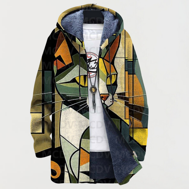 Geometrisch gemusterter Pullover mit Katze
