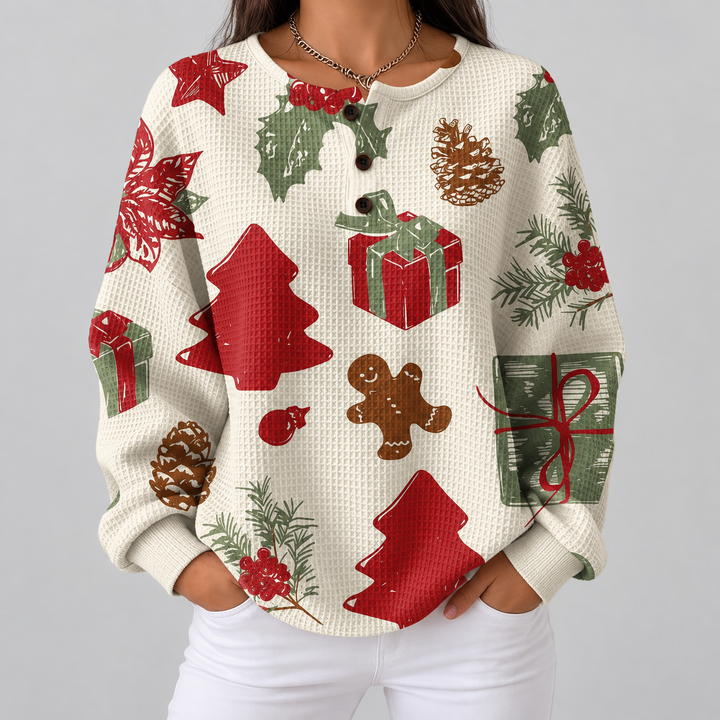 Olivia – Weihnachtspullover mit Tannenbäumen und Geschenken