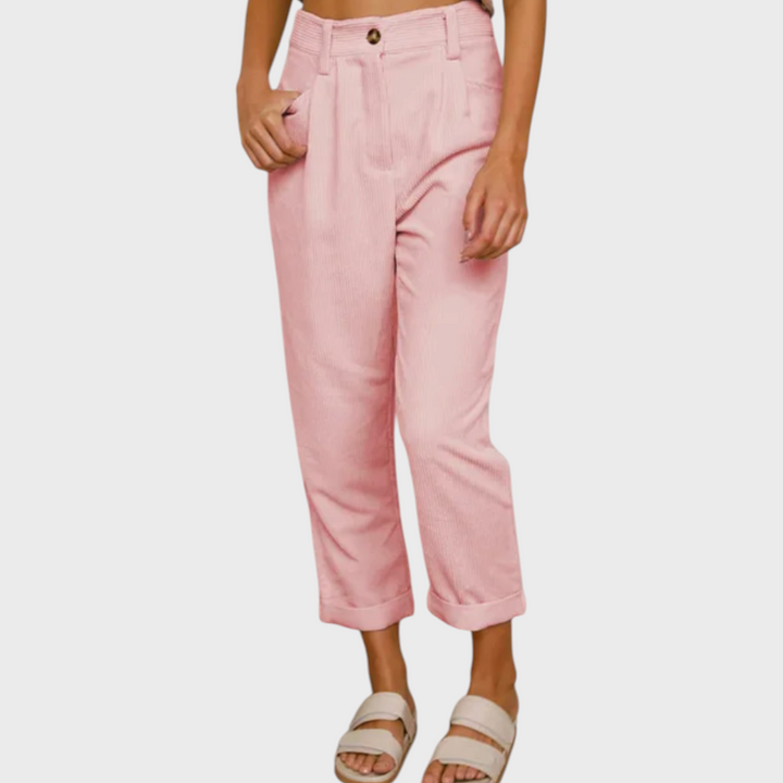 Calças casuais Liselotte Salzburg cor-de-rosa com cintura subida e corte descontraído em tecido texturado