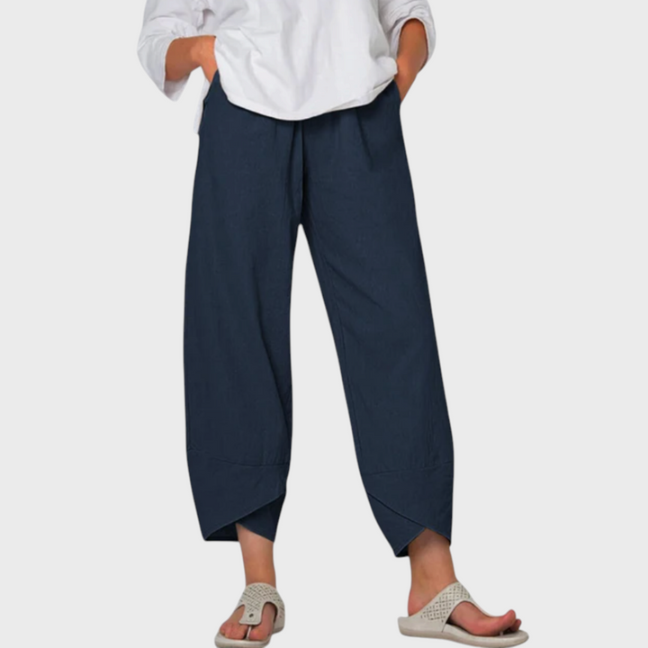 Calças Liselotte Salzburg leves em azul-marinho com cintura elástica, corte regular e bainha assimétrica