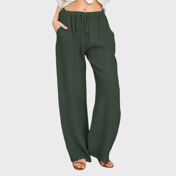 Calças leves Liselotte Salzburg Palma em mistura de algodão e linho verde-escuro com cintura elástica e bolsos.