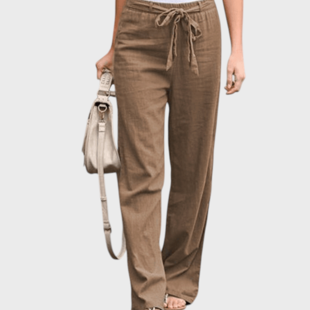 Calças de senhora Liselotte Salzburg Joleen castanhas em linho com cintura elástica e cordão ajustável