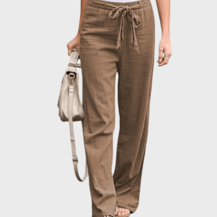 Calças de senhora Liselotte Salzburg Joleen castanhas em linho com cintura elástica e cordão ajustável