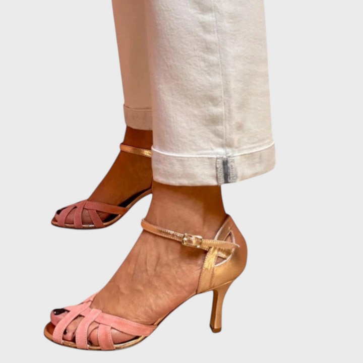 Sapatos de salto ortopédicos Liselotte Salzburg em tons rosa e dourado com design em T e tiras elegantes