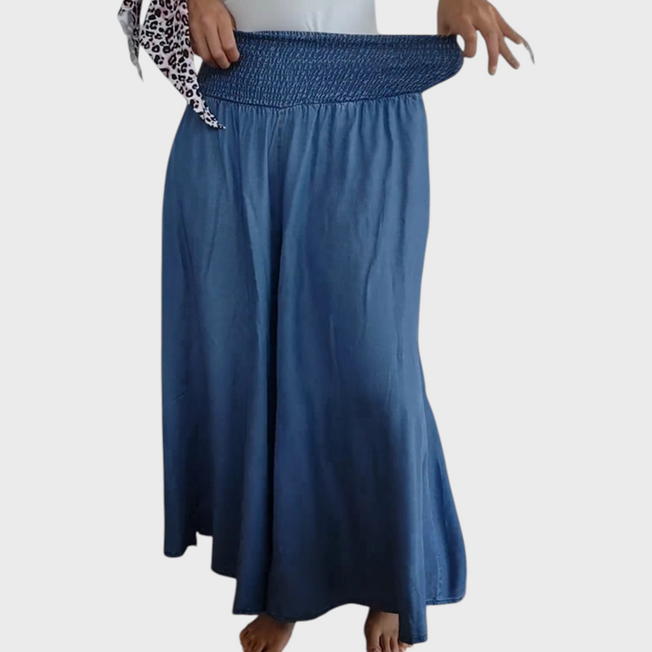 Calças largas azuis Liselotte Salzburg com cintura subida elástica e franzida, estilo casual e confortável