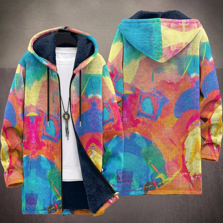 Laure – Kapuzenmantel mit abstraktem Collage-Muster in Rosa und Blau